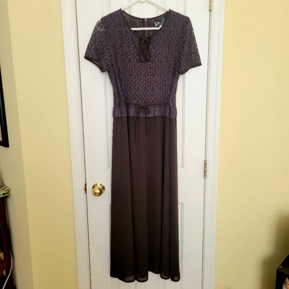 Vintage Elegant Dark Blue & Brown Lace Crochet Top Short Sleeve Maxi Dress